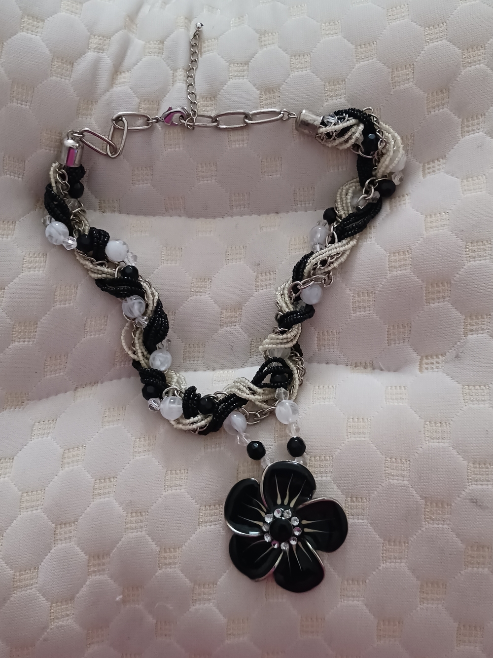 Black & White Floral Pendant Braided Necklace